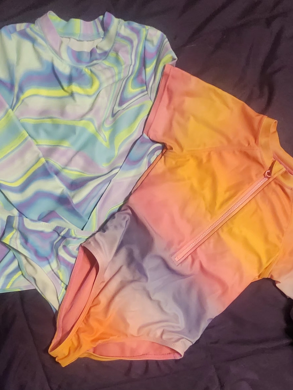 Girls Swimsuits 2 Pc. In Pastel Rainbow and One Pc. In  Sunset Ombre